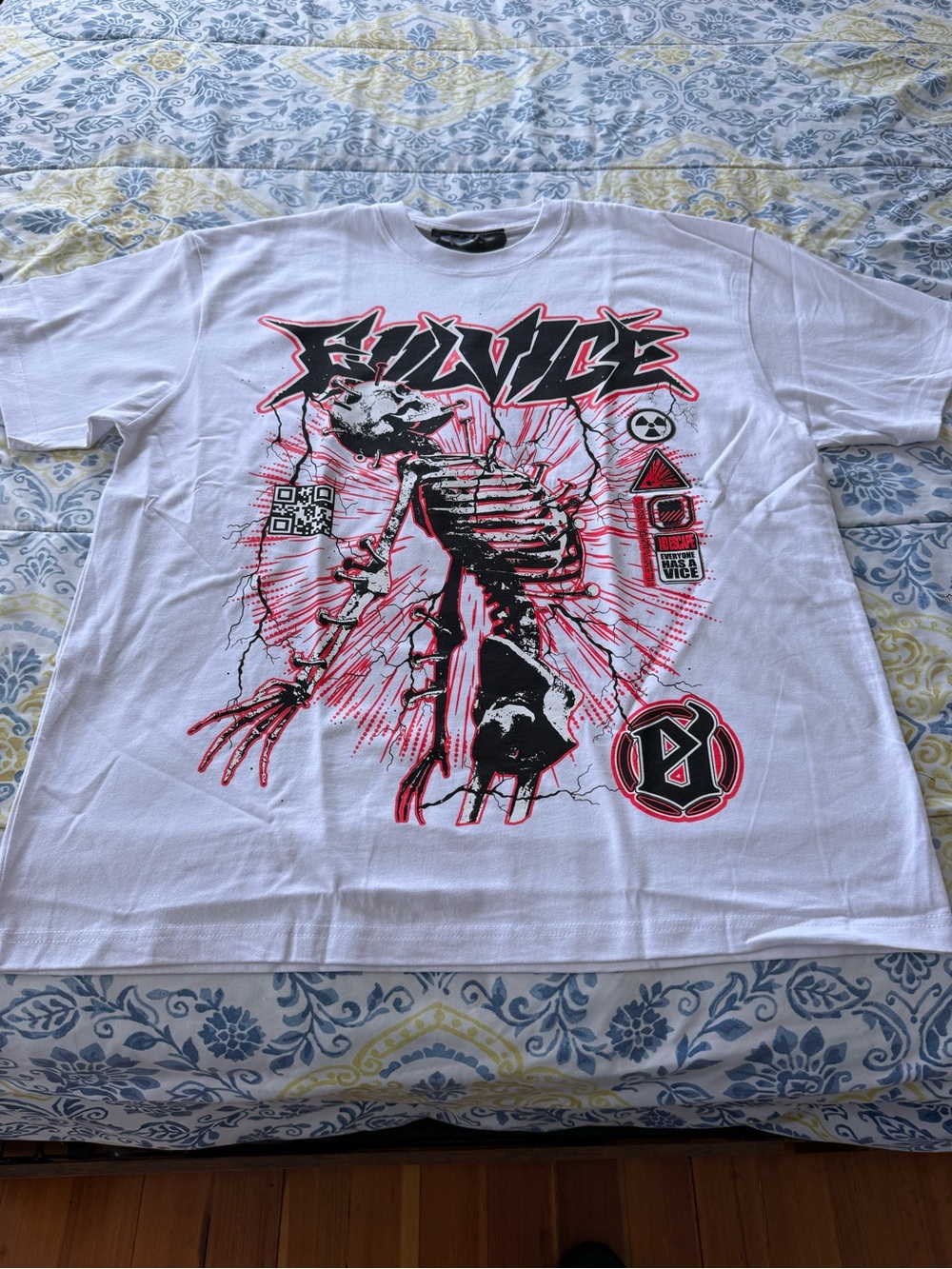 Evil Vice Graphic Skeleton Tee in White with Black & Hot Pink Artwork